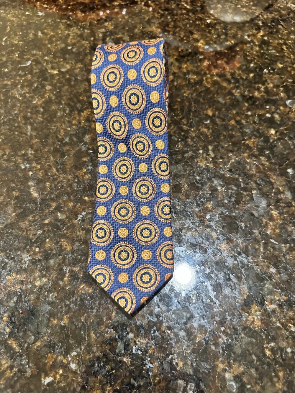 Ted Baker London Silk Tie Navy Gold Medallion Geometric Woven Polka Dot Tip